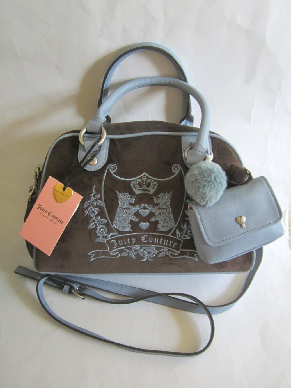 Juicy Couture Dog Crown Purse Bowler Satchel Bag + Charm + Wallet Velour